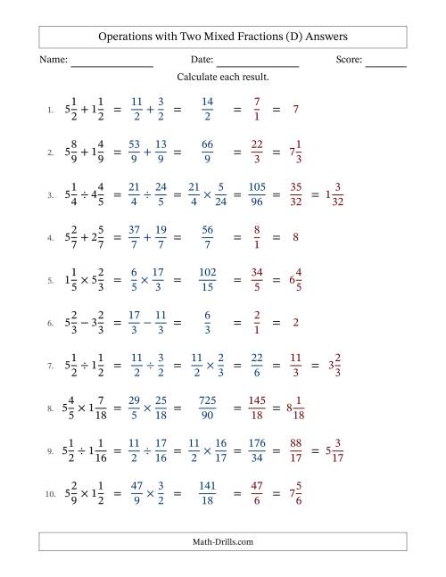 The Operations with Two Mixed Fractions with Equal Denominators, Mixed Fractions Results and All Simplifying (D) Math Worksheet Page 2