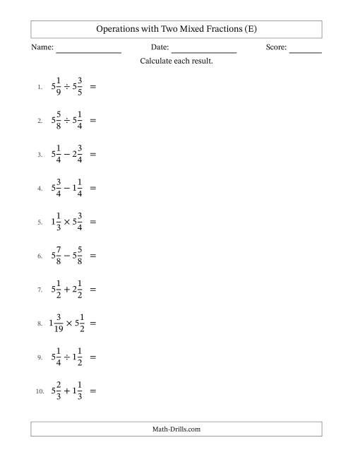 The Operations with Two Mixed Fractions with Equal Denominators, Mixed Fractions Results and All Simplifying (E) Math Worksheet