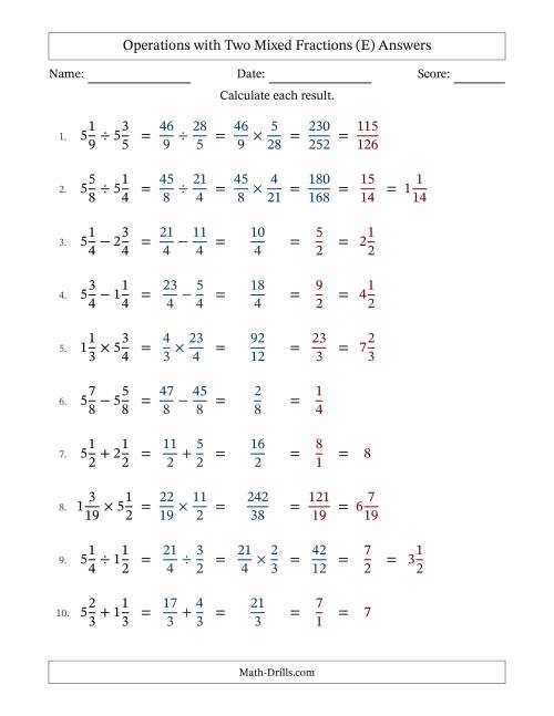 The Operations with Two Mixed Fractions with Equal Denominators, Mixed Fractions Results and All Simplifying (E) Math Worksheet Page 2