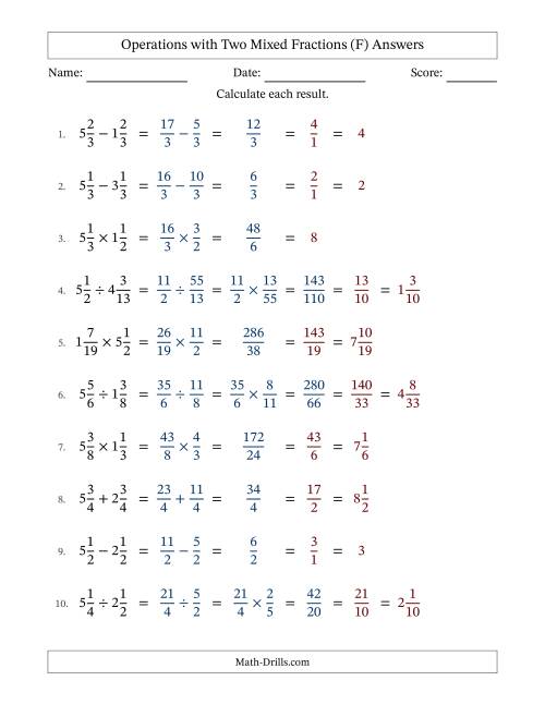 The Operations with Two Mixed Fractions with Equal Denominators, Mixed Fractions Results and All Simplifying (F) Math Worksheet Page 2