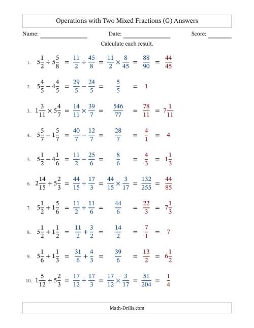 The Operations with Two Mixed Fractions with Equal Denominators, Mixed Fractions Results and All Simplifying (G) Math Worksheet Page 2
