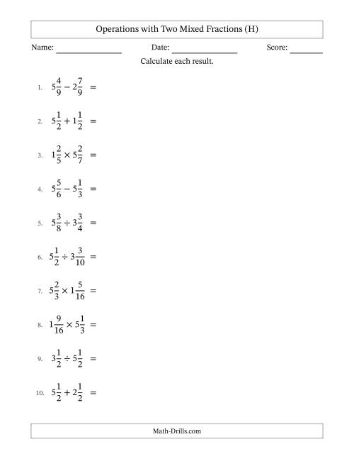 The Operations with Two Mixed Fractions with Equal Denominators, Mixed Fractions Results and All Simplifying (H) Math Worksheet