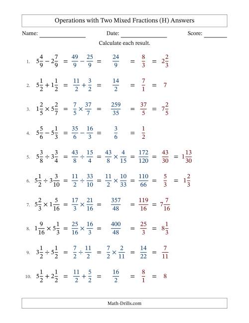 The Operations with Two Mixed Fractions with Equal Denominators, Mixed Fractions Results and All Simplifying (H) Math Worksheet Page 2