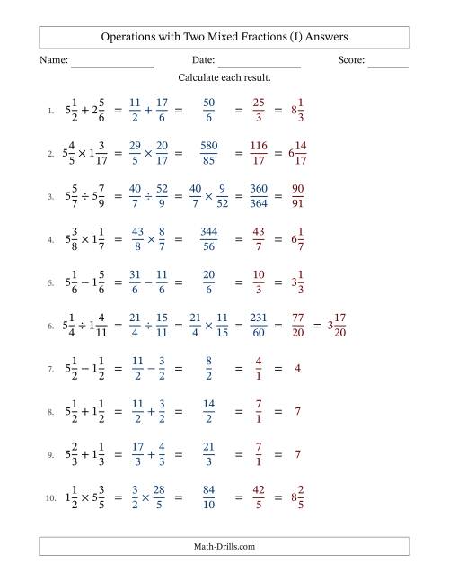The Operations with Two Mixed Fractions with Equal Denominators, Mixed Fractions Results and All Simplifying (I) Math Worksheet Page 2