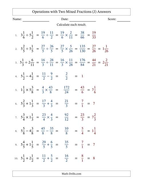 The Operations with Two Mixed Fractions with Equal Denominators, Mixed Fractions Results and All Simplifying (J) Math Worksheet Page 2