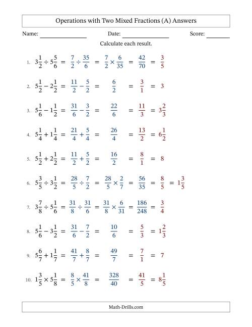 The Operations with Two Mixed Fractions with Equal Denominators, Mixed Fractions Results and All Simplifying (All) Math Worksheet Page 2