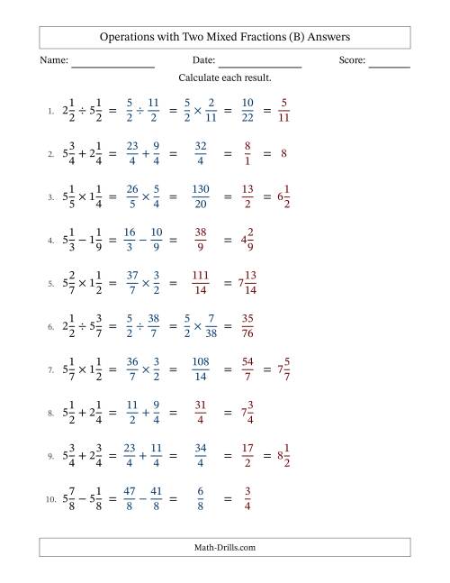 The Operations with Two Mixed Fractions with Equal Denominators, Mixed Fractions Results and Some Simplifying (B) Math Worksheet Page 2