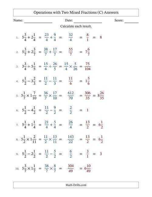 The Operations with Two Mixed Fractions with Equal Denominators, Mixed Fractions Results and Some Simplifying (C) Math Worksheet Page 2