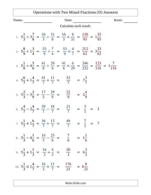 The Operations with Two Mixed Fractions with Equal Denominators, Mixed Fractions Results and Some Simplifying (D) Math Worksheet Page 2