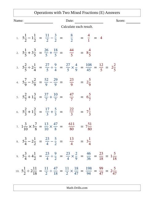 The Operations with Two Mixed Fractions with Equal Denominators, Mixed Fractions Results and Some Simplifying (E) Math Worksheet Page 2