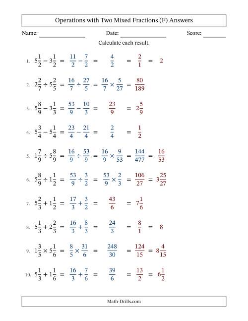 The Operations with Two Mixed Fractions with Equal Denominators, Mixed Fractions Results and Some Simplifying (F) Math Worksheet Page 2