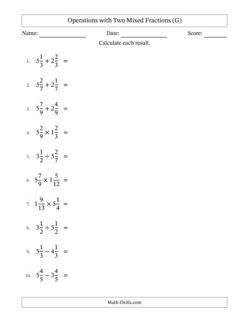 The Operations with Two Mixed Fractions with Equal Denominators, Mixed Fractions Results and Some Simplifying (G) Math Worksheet