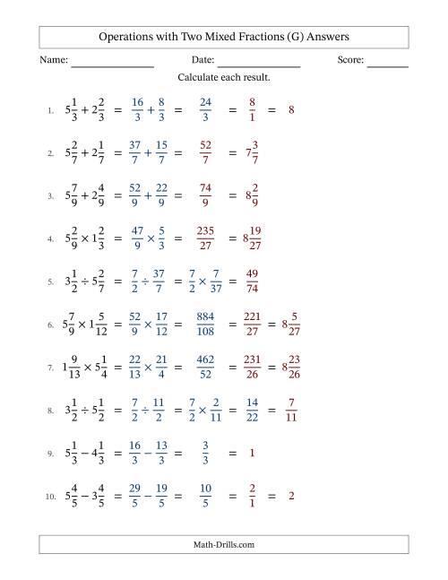 The Operations with Two Mixed Fractions with Equal Denominators, Mixed Fractions Results and Some Simplifying (G) Math Worksheet Page 2