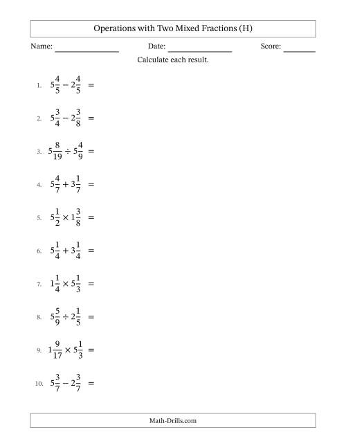 The Operations with Two Mixed Fractions with Equal Denominators, Mixed Fractions Results and Some Simplifying (H) Math Worksheet