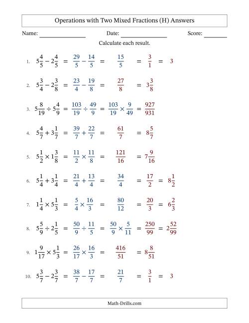 The Operations with Two Mixed Fractions with Equal Denominators, Mixed Fractions Results and Some Simplifying (H) Math Worksheet Page 2