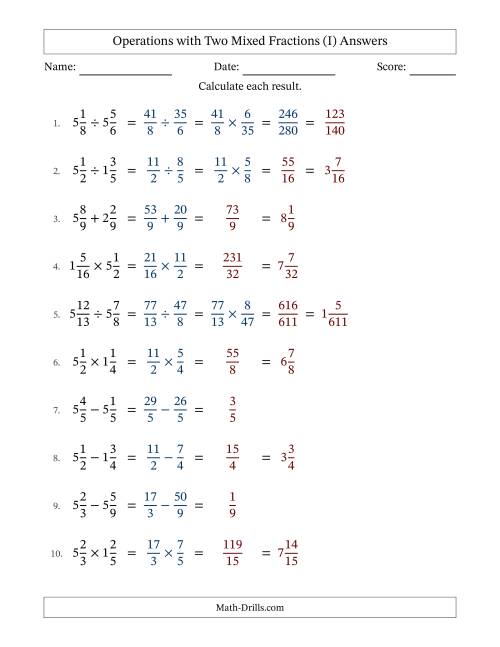 The Operations with Two Mixed Fractions with Equal Denominators, Mixed Fractions Results and Some Simplifying (I) Math Worksheet Page 2