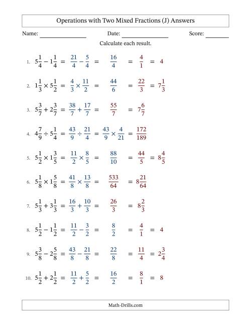 The Operations with Two Mixed Fractions with Equal Denominators, Mixed Fractions Results and Some Simplifying (J) Math Worksheet Page 2