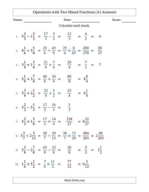 The Operations with Two Mixed Fractions with Equal Denominators, Mixed Fractions Results and Some Simplifying (All) Math Worksheet Page 2