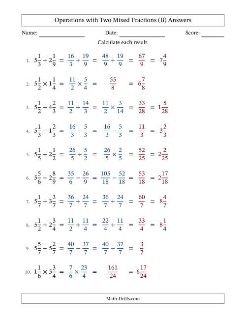 The Operations with Two Mixed Fractions with Similar Denominators, Mixed Fractions Results and No Simplifying (B) Math Worksheet Page 2