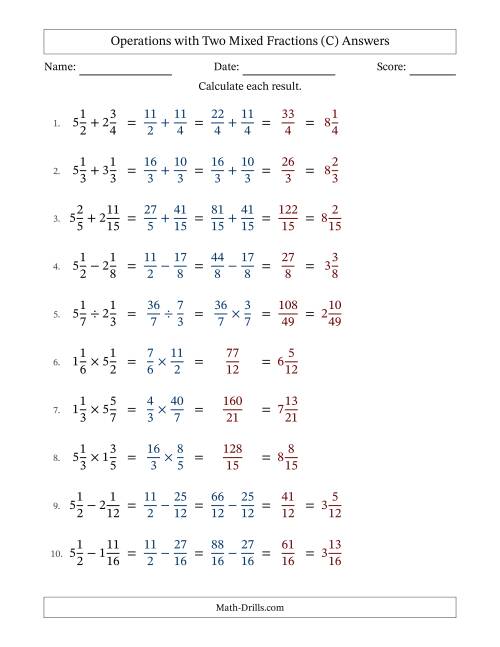 The Operations with Two Mixed Fractions with Similar Denominators, Mixed Fractions Results and No Simplifying (C) Math Worksheet Page 2