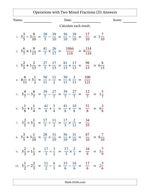 The Operations with Two Mixed Fractions with Similar Denominators, Mixed Fractions Results and No Simplifying (D) Math Worksheet Page 2