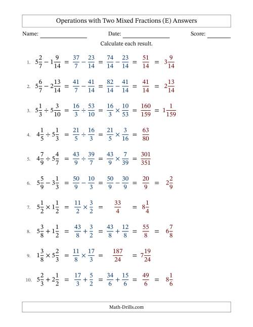 The Operations with Two Mixed Fractions with Similar Denominators, Mixed Fractions Results and No Simplifying (E) Math Worksheet Page 2