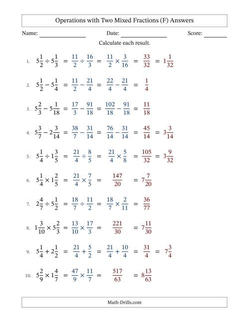 The Operations with Two Mixed Fractions with Similar Denominators, Mixed Fractions Results and No Simplifying (F) Math Worksheet Page 2