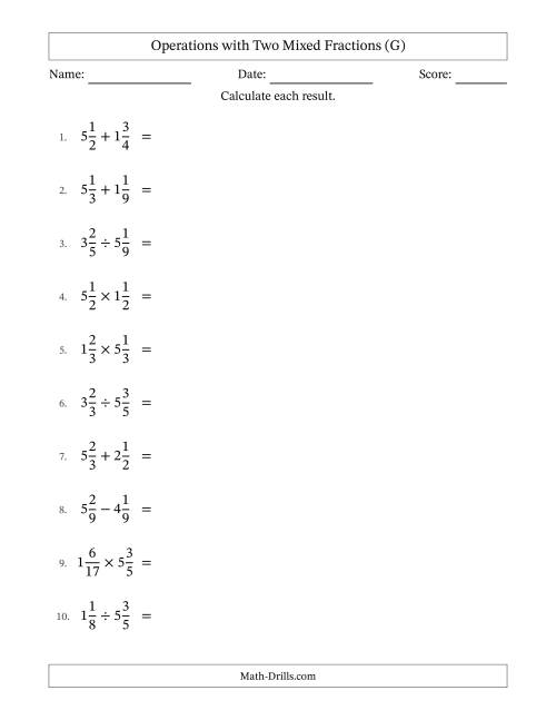 The Operations with Two Mixed Fractions with Similar Denominators, Mixed Fractions Results and No Simplifying (G) Math Worksheet