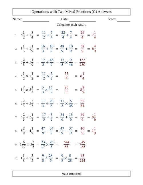 The Operations with Two Mixed Fractions with Similar Denominators, Mixed Fractions Results and No Simplifying (G) Math Worksheet Page 2