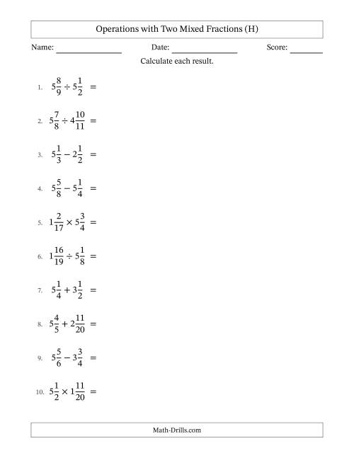 The Operations with Two Mixed Fractions with Similar Denominators, Mixed Fractions Results and No Simplifying (H) Math Worksheet