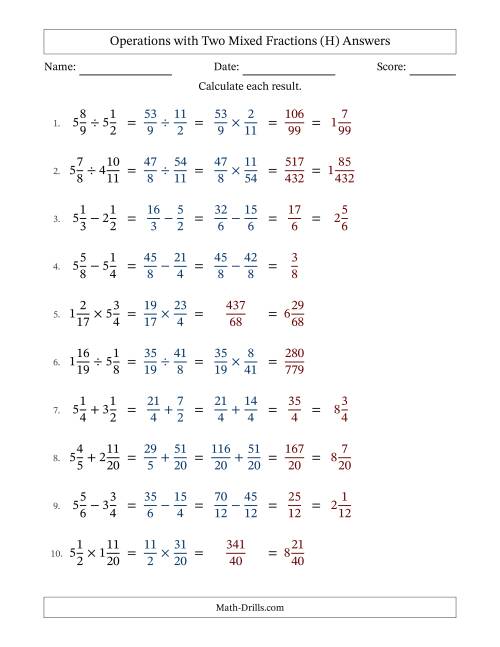 The Operations with Two Mixed Fractions with Similar Denominators, Mixed Fractions Results and No Simplifying (H) Math Worksheet Page 2