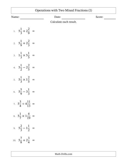 The Operations with Two Mixed Fractions with Similar Denominators, Mixed Fractions Results and No Simplifying (I) Math Worksheet