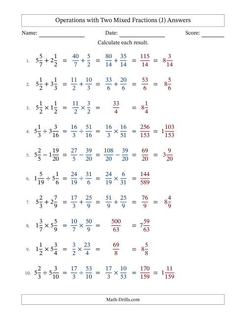 The Operations with Two Mixed Fractions with Similar Denominators, Mixed Fractions Results and No Simplifying (J) Math Worksheet Page 2