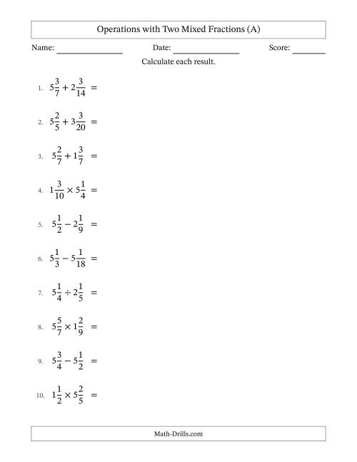 The Operations with Two Mixed Fractions with Similar Denominators, Mixed Fractions Results and No Simplifying (All) Math Worksheet