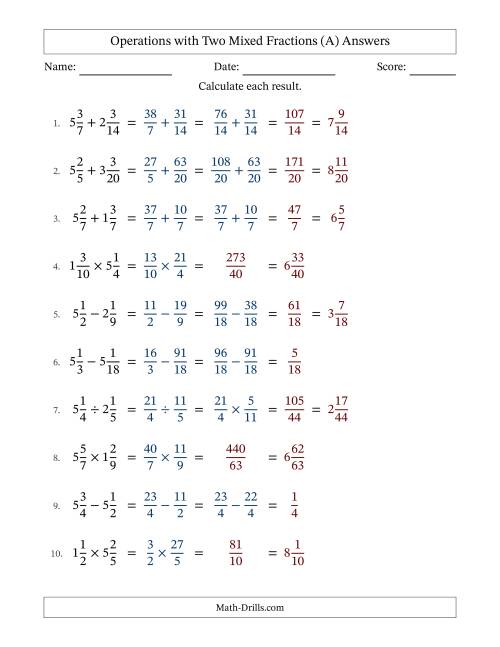 The Operations with Two Mixed Fractions with Similar Denominators, Mixed Fractions Results and No Simplifying (All) Math Worksheet Page 2