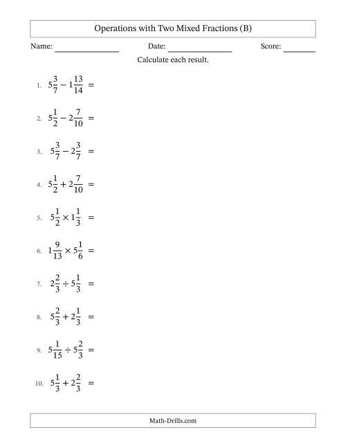 The Operations with Two Mixed Fractions with Similar Denominators, Mixed Fractions Results and All Simplifying (B) Math Worksheet