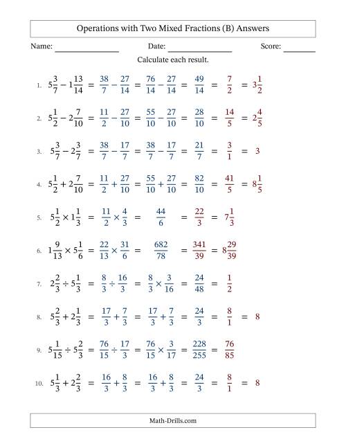 The Operations with Two Mixed Fractions with Similar Denominators, Mixed Fractions Results and All Simplifying (B) Math Worksheet Page 2