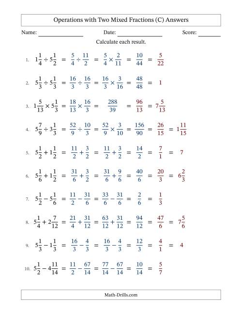 The Operations with Two Mixed Fractions with Similar Denominators, Mixed Fractions Results and All Simplifying (C) Math Worksheet Page 2