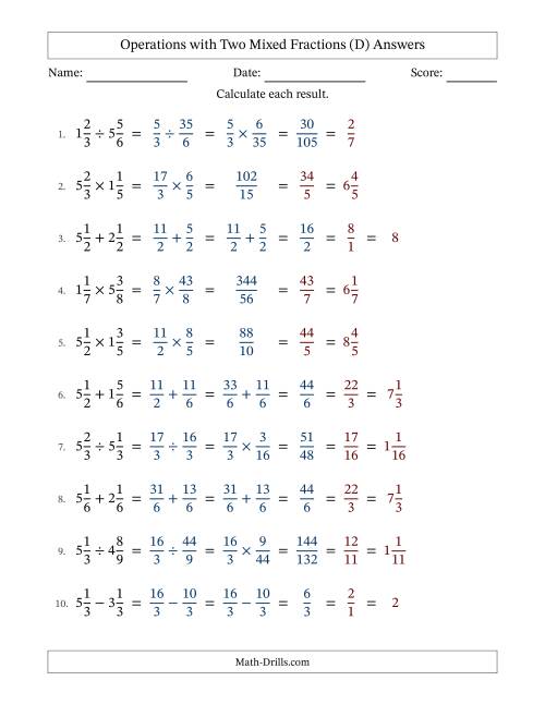 The Operations with Two Mixed Fractions with Similar Denominators, Mixed Fractions Results and All Simplifying (D) Math Worksheet Page 2