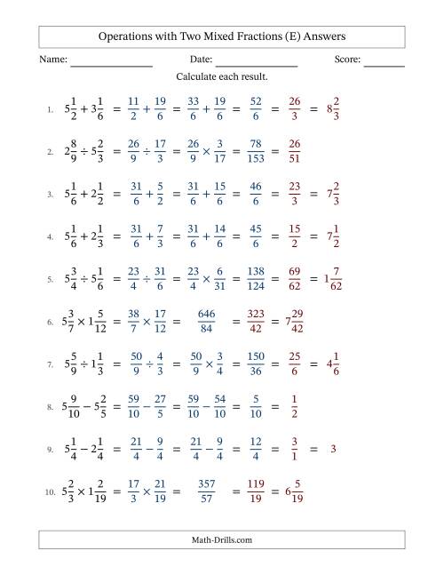 The Operations with Two Mixed Fractions with Similar Denominators, Mixed Fractions Results and All Simplifying (E) Math Worksheet Page 2