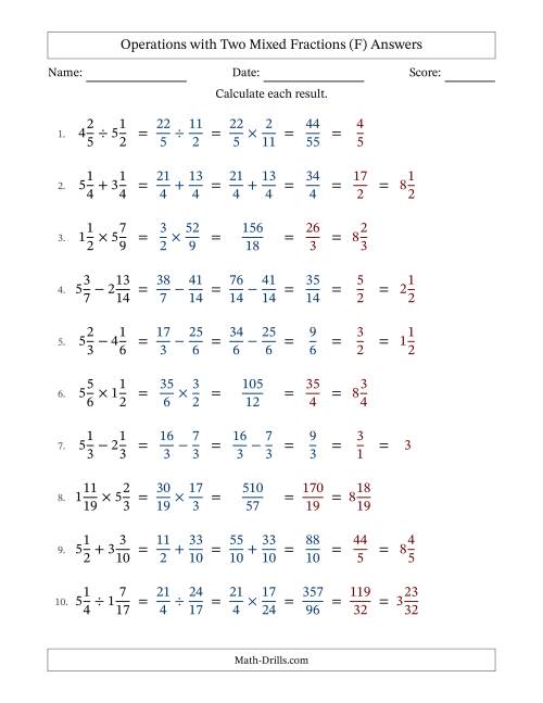 The Operations with Two Mixed Fractions with Similar Denominators, Mixed Fractions Results and All Simplifying (F) Math Worksheet Page 2