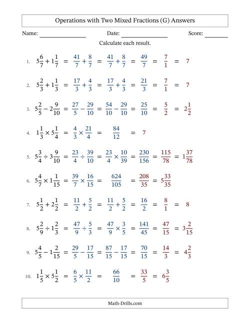 The Operations with Two Mixed Fractions with Similar Denominators, Mixed Fractions Results and All Simplifying (G) Math Worksheet Page 2