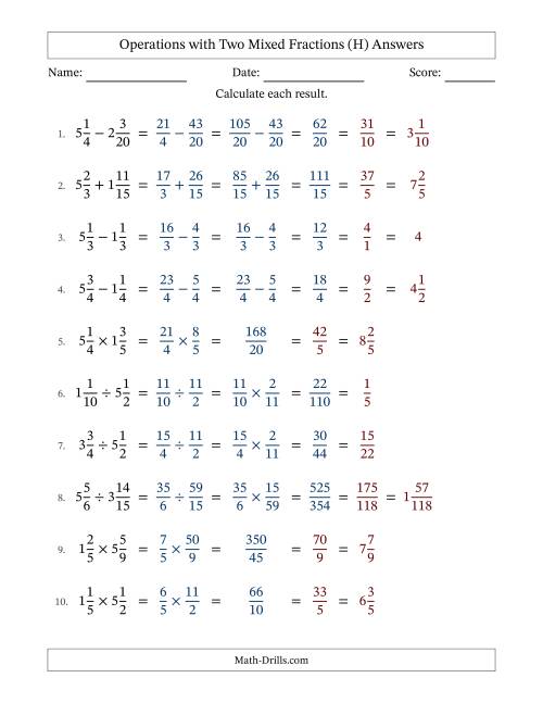 The Operations with Two Mixed Fractions with Similar Denominators, Mixed Fractions Results and All Simplifying (H) Math Worksheet Page 2