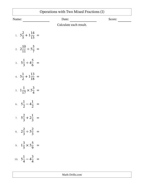 The Operations with Two Mixed Fractions with Similar Denominators, Mixed Fractions Results and All Simplifying (I) Math Worksheet