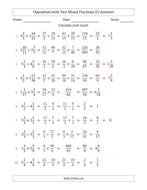 The Operations with Two Mixed Fractions with Similar Denominators, Mixed Fractions Results and All Simplifying (I) Math Worksheet Page 2