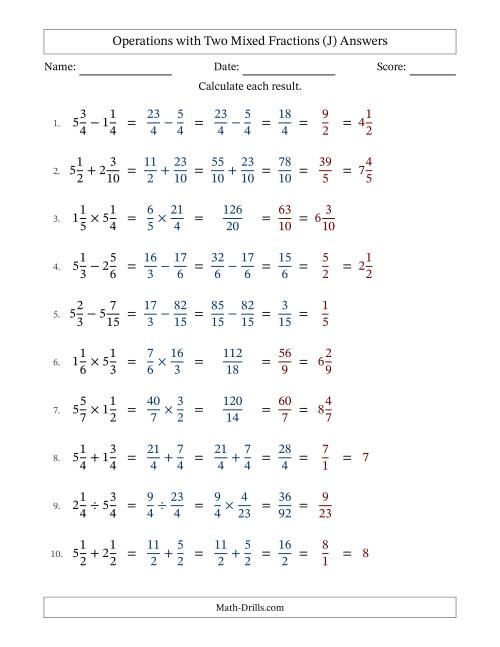 The Operations with Two Mixed Fractions with Similar Denominators, Mixed Fractions Results and All Simplifying (J) Math Worksheet Page 2