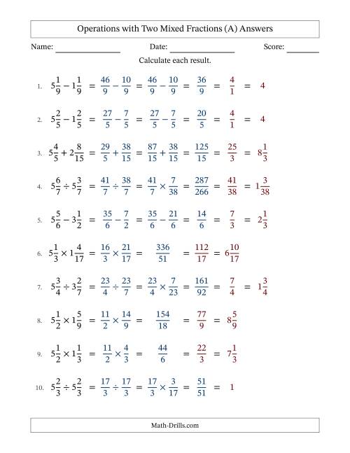 The Operations with Two Mixed Fractions with Similar Denominators, Mixed Fractions Results and All Simplifying (All) Math Worksheet Page 2