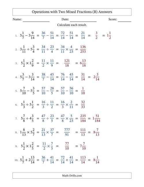 The Operations with Two Mixed Fractions with Similar Denominators, Mixed Fractions Results and Some Simplifying (B) Math Worksheet Page 2