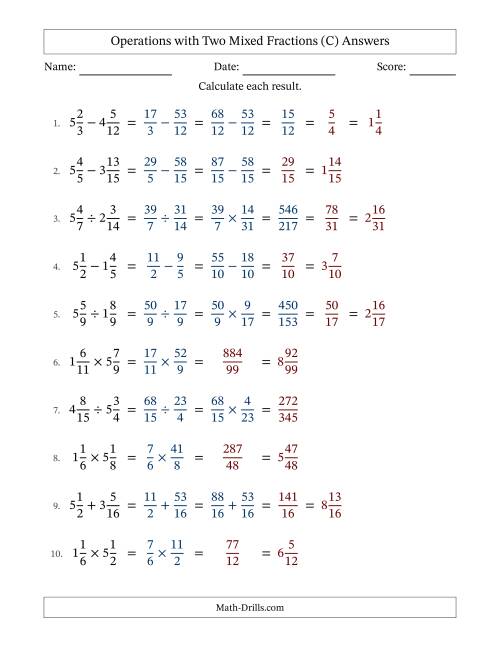 The Operations with Two Mixed Fractions with Similar Denominators, Mixed Fractions Results and Some Simplifying (C) Math Worksheet Page 2