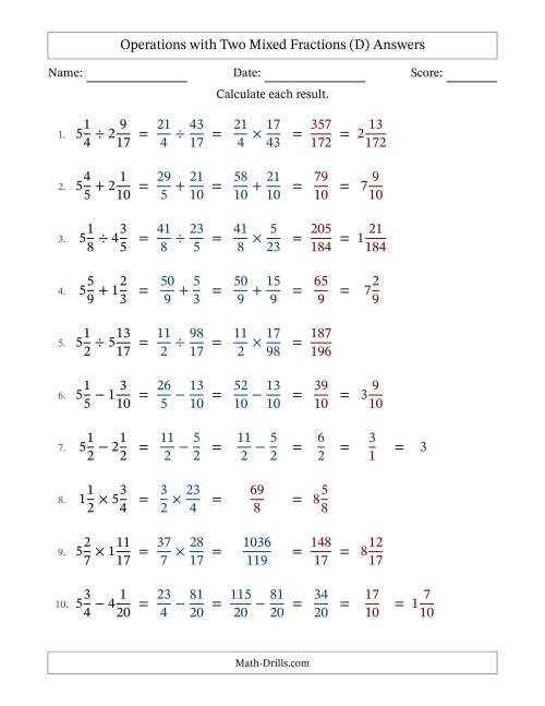 The Operations with Two Mixed Fractions with Similar Denominators, Mixed Fractions Results and Some Simplifying (D) Math Worksheet Page 2